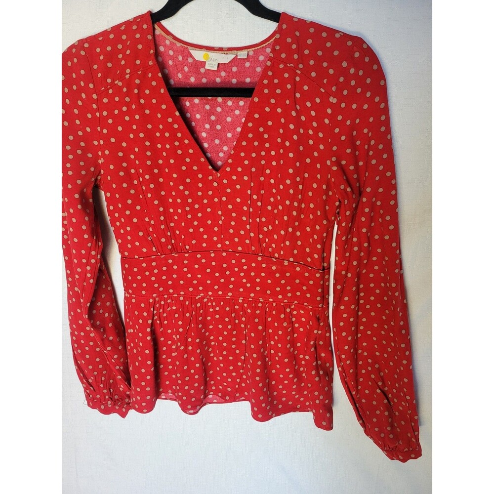 Boden Women’s Elsie Shirt Red Polka Dot Long Sleeves V Neck Blouse, Sz 2R